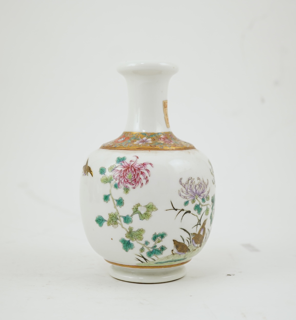 A Chinese inscribed famille rose ‘quail and chrysanthemum’ bottle vase, Hongxian four character mark but Republic period